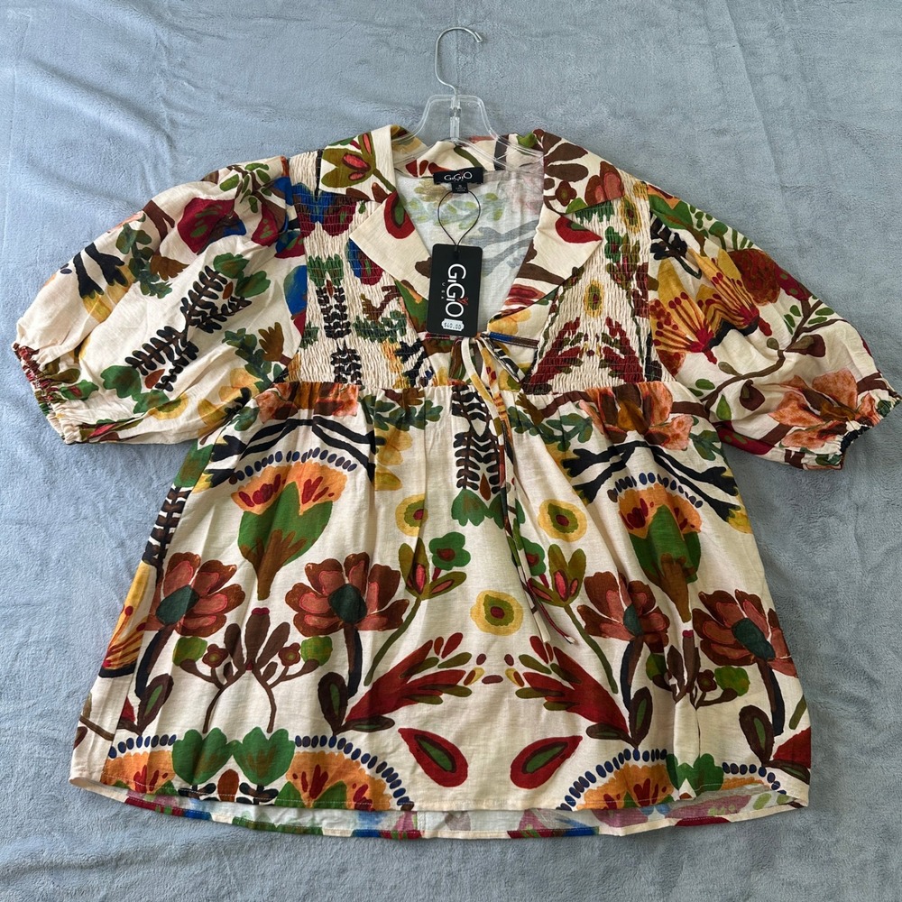 Gigio USA Floral Smocked Babydoll Top Short Puff Sleeve TG1612 Small NWT